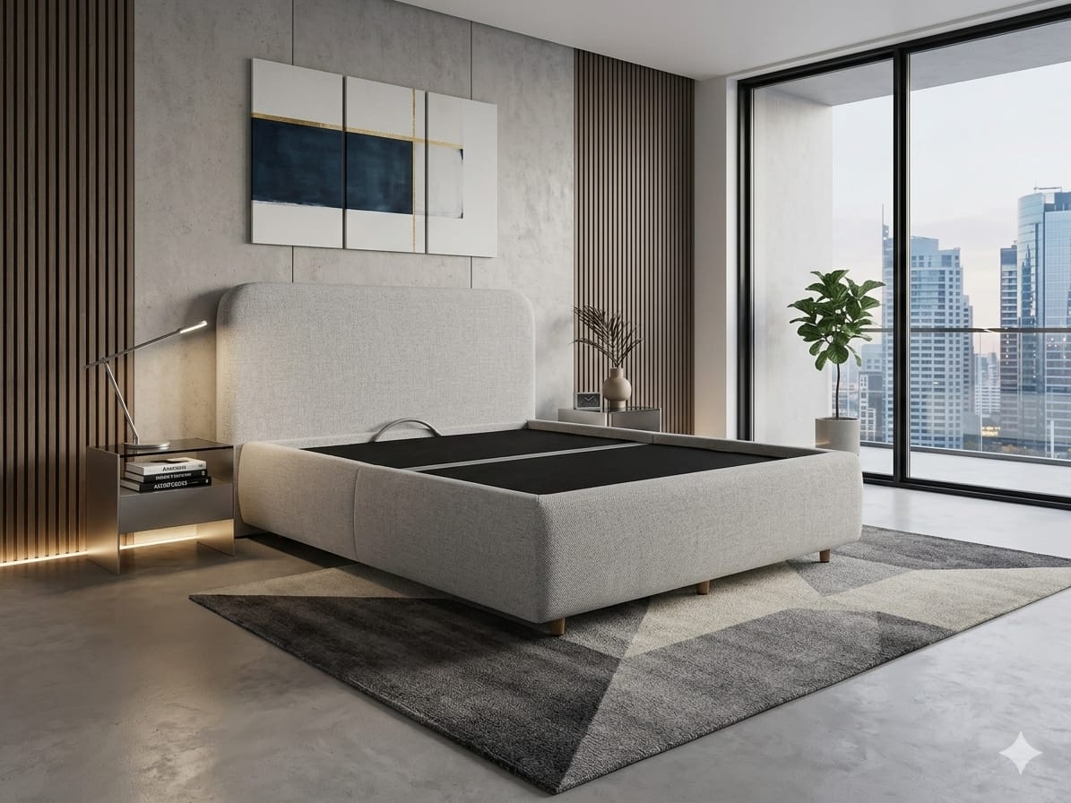 Cama estofada clara com cabeceira em quarto contemporâneo